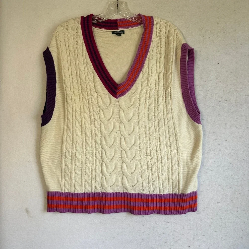Wild Fable Cream Cable Knit Sweater Vest Colorblock Striped Trim V-Neck Large - Picture 1 of 6